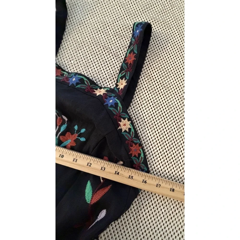 Zara Linen Romper S Floral Embroidered Black Bib Jumper Boho Hipster Open Back